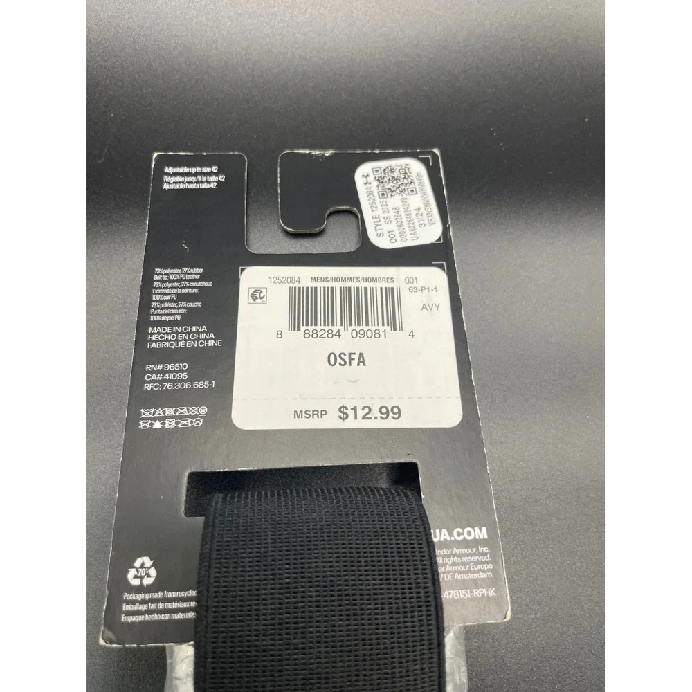 Under Armour Mens Baseball Belt Black Elastic Leather Tip 1252084 OSFA New